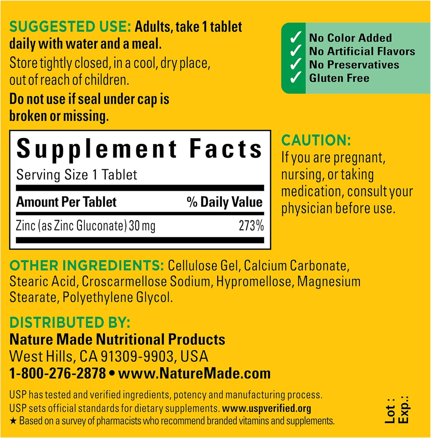 Suplemento Nature Made Zinc 30mg 100 tabletas