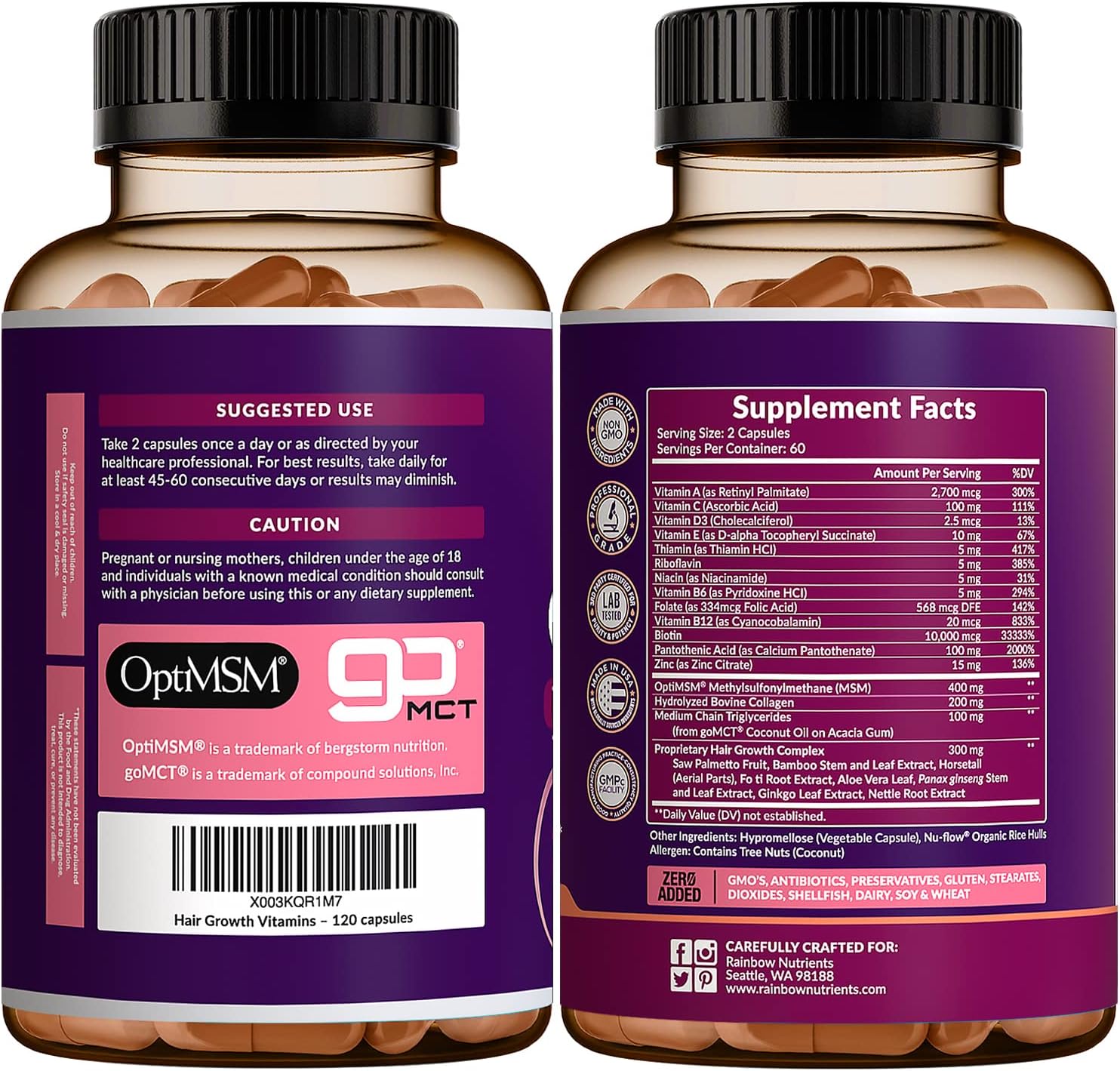 Hair Growth 120 cápsulas Rainbow Nutrients